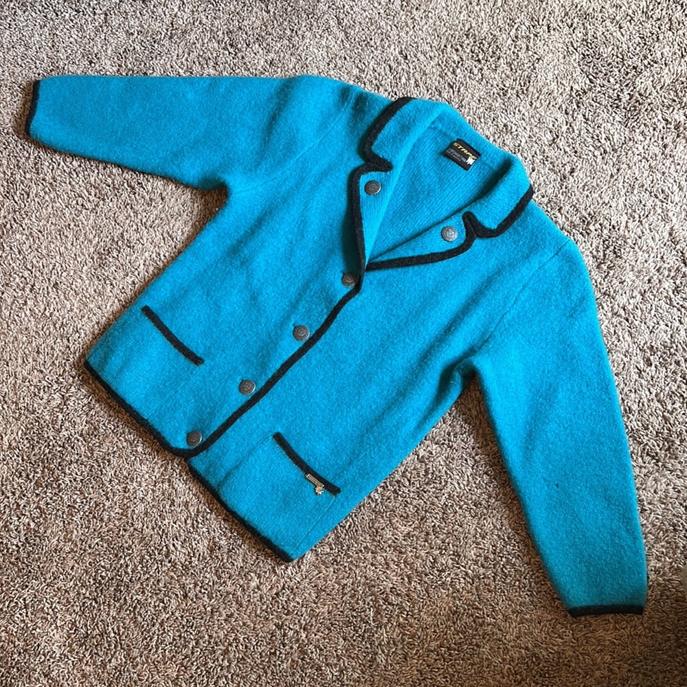 Stapf turquoise wool sweater metal buttons made in Austria, as is